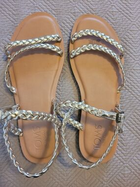 TOMS Kyra Braided Metallic Silver Strappy Sandals